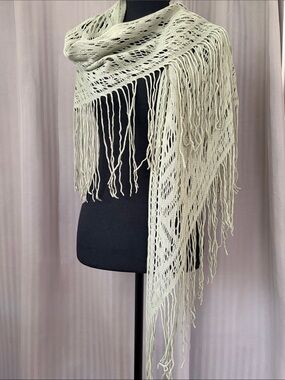Light Olive Knit Fringe Wrap Shawl w/Light Sequin Embellishment
